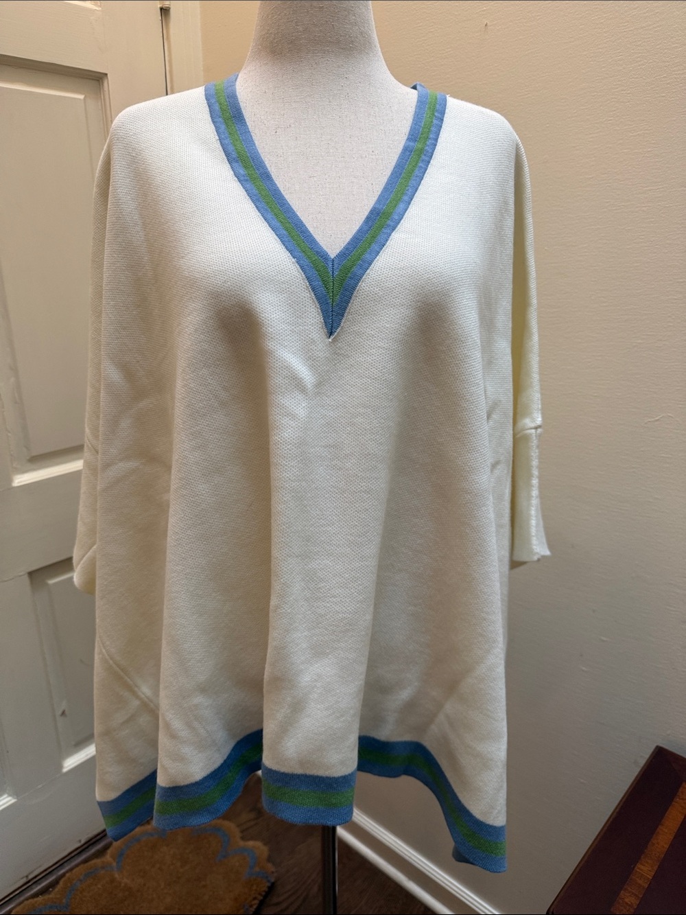 Tuckernuck Cream V-Neck Sweater Poncho with Blue and Green Trim